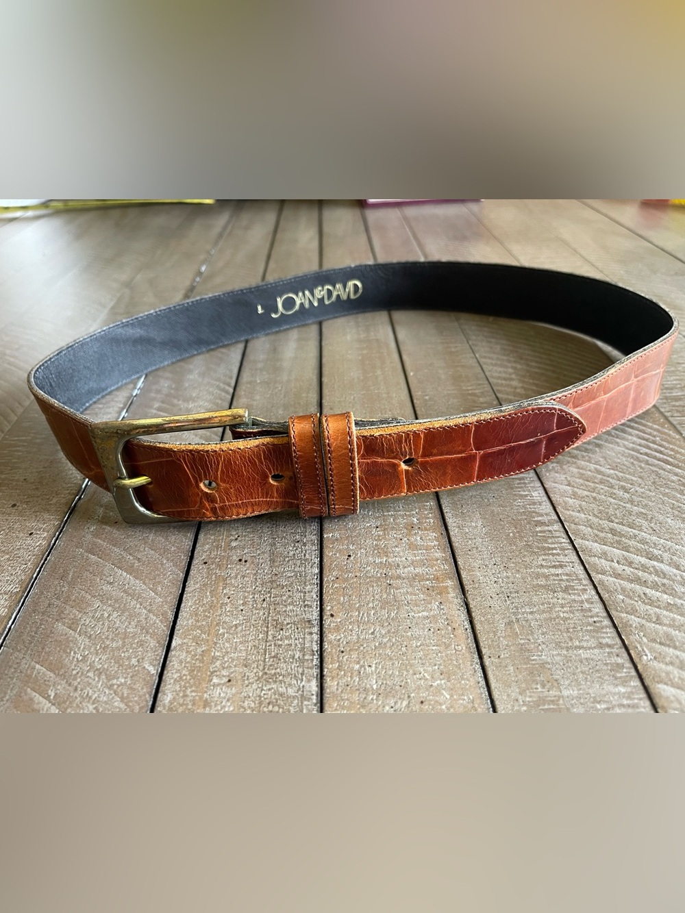 Joan & David Brown crocodile embossed Leather Belt with Brass Buckle